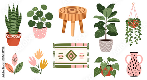 A collection of various plants and flowers on a rug with a stool indoors