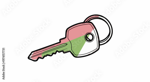 A stylized key with pink and green color blocks on a white background