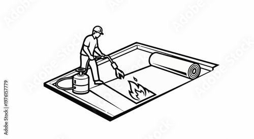 Construction worker using a torch to apply rolled roofing material
