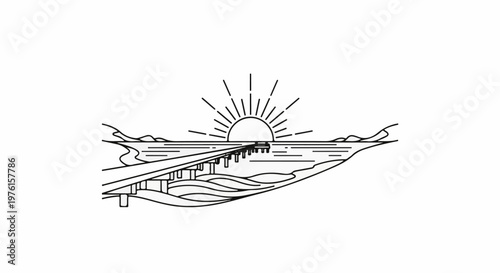 A stylized line drawing of a sunrise over a calm body of water with a bridge