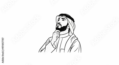 A thoughtful man in traditional attire gazes upward, chin resting on his hand