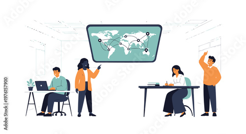 Business people, office workers, global team, collaboration, teamwork, world map