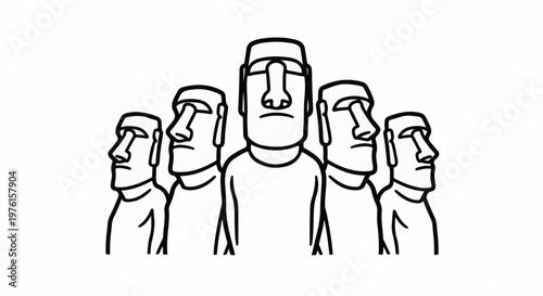 Five iconic monolithic human figures stand in a line on a white background