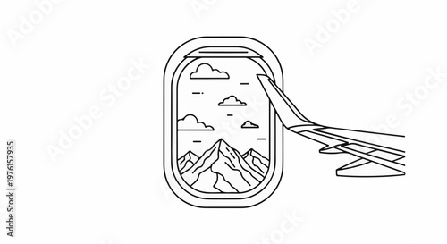 Airplane window view of mountains and clouds with wing