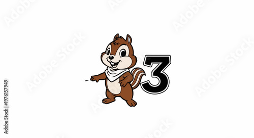 Cartoon chipmunk wearing a bandana, points to the number three