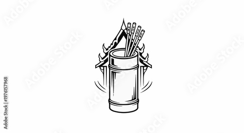 Bamboo container with chopsticks and decorative elements