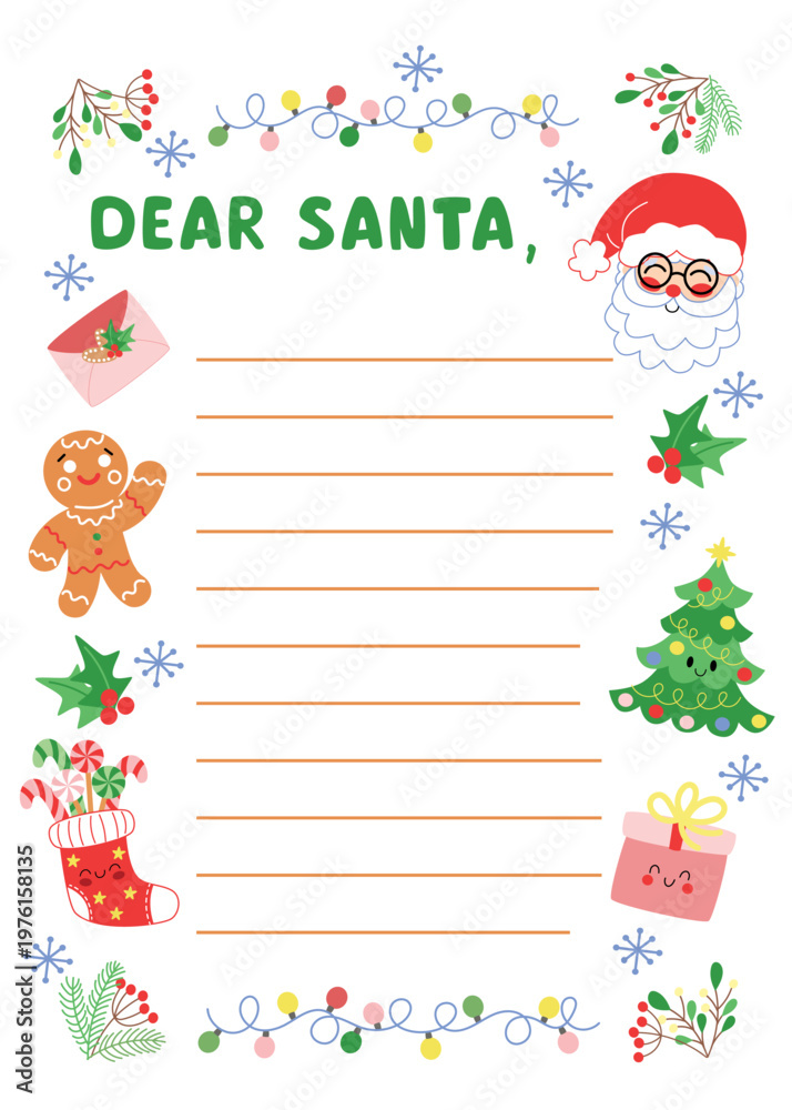 Fototapeta premium Christmas letter to Santa Claus template with festive illustrations. Colorful holiday wishlist for kids with Santa and gingerbread.