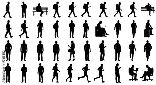 People are depicted in various poses and actions in a studio setting with silhouettes.