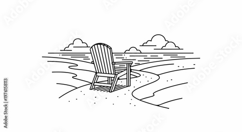 Minimalist line art of an empty beach chair facing the ocean under a cloudy sky