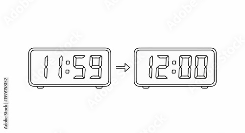 Digital clocks show transition from 1159 to 1200, representing midnight or noon