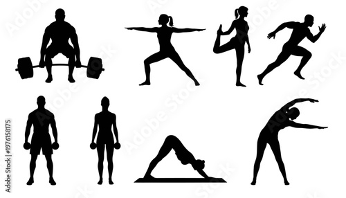 People are doing various yoga and fitness exercises in a gym