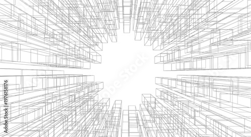 A futuristic cityscape unfolds with sleek skyscrapers rising sharply upwards in perspective view