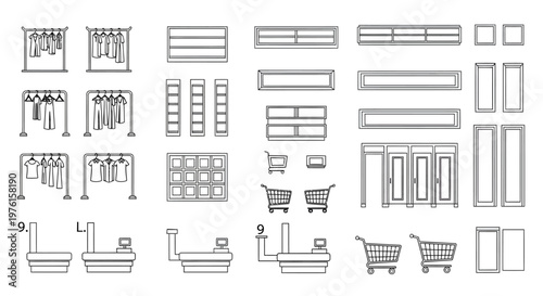 Detailed illustration of various shop shelves and shopping carts in store