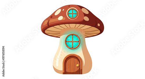 A whimsical cartoon mushroom house with a brown door and glowing blue windows on a white background