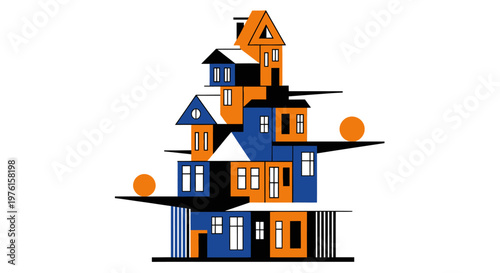 Illustration of a stacked house structure in orange and blue hues with white accents