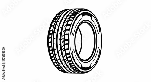 Black and white illustration of a vehicle tire with a detailed tread pattern