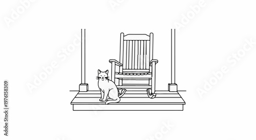 Cat sitting on a porch next to a rocking chair