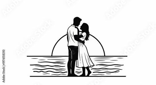 Silhouette of a couple embracing by the sea at sunset
