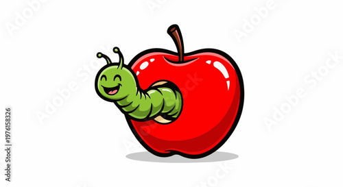 Cheerful green caterpillar emerges from a vibrant red apple