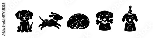 Hand-drawn black dog silhouettes set featuring puppies in various poses: sitting, running, sleeping, holding a bone, and wearing a party hat. Cute minimalist doodle vector illustration.