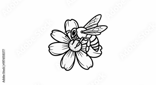 Black and white line drawing of a bee collecting nectar from a flower