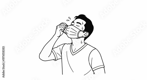 Man adjusting surgical mask, sweating heavily due to discomfort