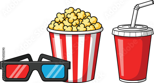 "Cinema essentials vector illustration with 3D glasses, popcorn bucket, soda cup, classic movie snack design"
