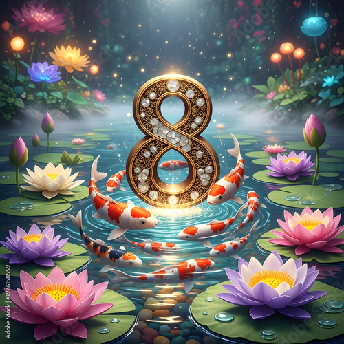 Golden Number Eight Surrounded by Koi Fish and Flowers in a Serene Pond