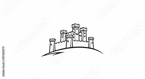 Stylized black and white drawing of a castle on a hill