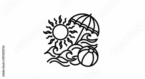 Stylized beach scene with sun, umbrella, ball, and waves