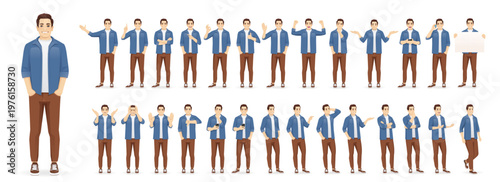 Young man student showing various poses and gestures for different communication scenarios. Vector illustration isolated character