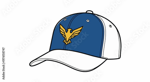 Blue baseball cap with white brim and a yellow eagle emblem