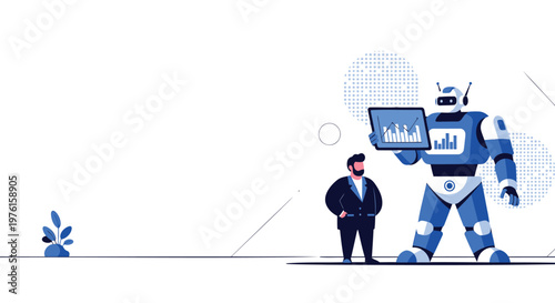 Robot, businessman, technology, innovation, futuristic, blue, illustration, vector graphics, 2D, digital, artificial intelligence, automation