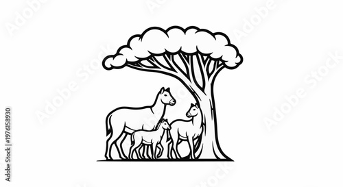 Equine family seeking shelter under a stylized tree