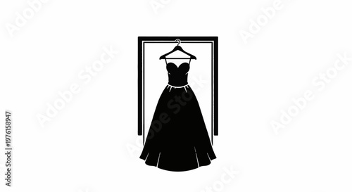 Elegant black ball gown on a hanger within a frame