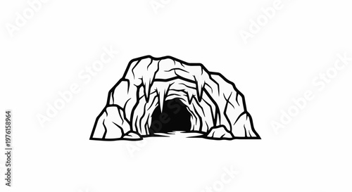 Stylized black and white drawing of a cave entrance with sharp rock formations