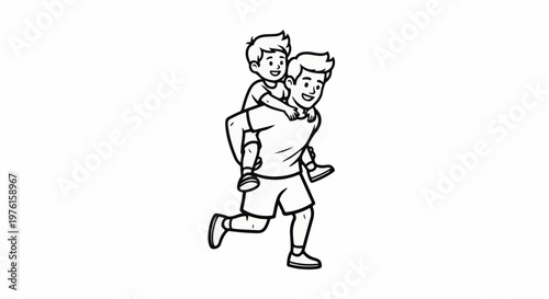 Father and son running, son on father's back