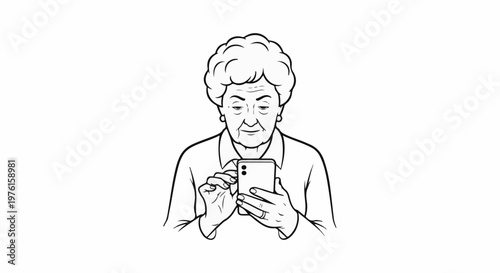 Elderly woman intently looking at and using her mobile phone