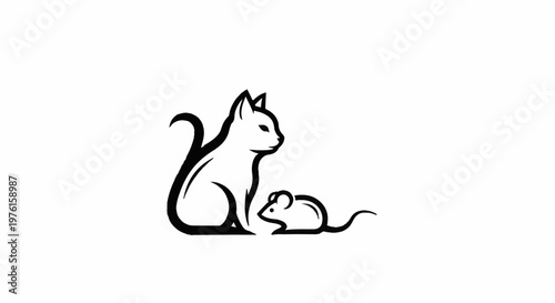 Stylized black and white illustration of a cat and mouse in profile