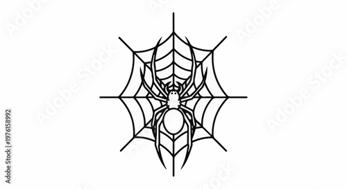 Stylized black spider on a white web against a white background