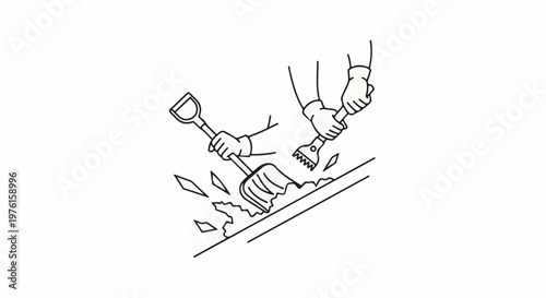 Hands with shovel and chisel clearing ice and snow from a surface