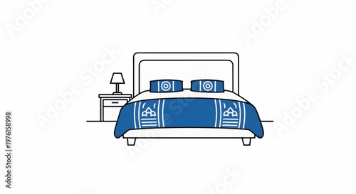 Minimalist illustration of a double bed with blue patterned bedding and a nightstand