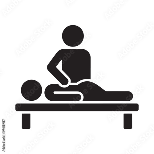 Simple black icon depicting a chiropractor adjusting a patient s spine