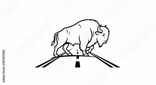 Stylized buffalo walks on road in graphic style