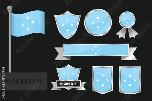 A professional set of Federated States of Micronesia national flag emblems. Includes shields, badges, and icons in light blue and white with four stars for patriotic Pacific island designs.
