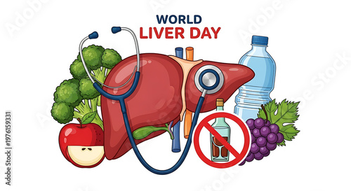 A “WORLD LIVER DAY” layout depicts a red anatomical liver with a blue background backing, a small green grape/fruit cluster, and a red prohibition-style symbol over a magnifying/needle-like element 