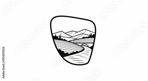 Stylized landscape with rolling hills, river, bridge, and mountains