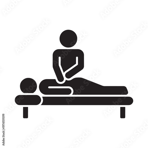 Simple black icon depicting a person receiving a massage on a table