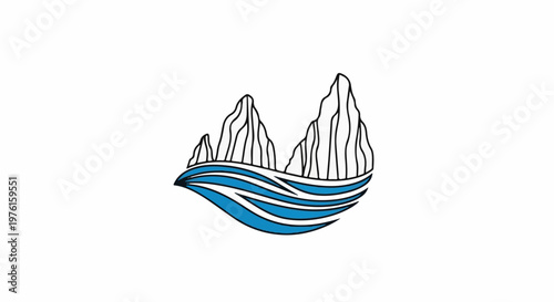 Stylized peaks rise above blue, flowing waves