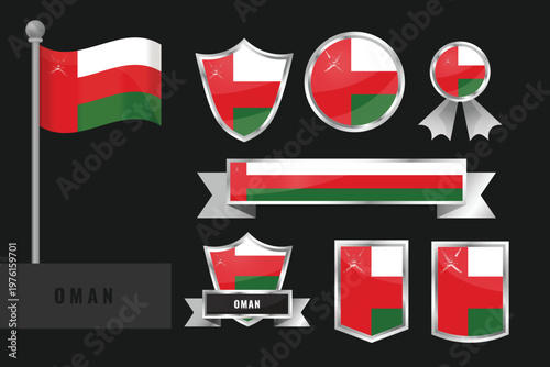 A professional set of Oman national flag emblems. Includes shields, badges, and icons in red, white, and green with the Khanjar dagger emblem for Middle Eastern and Arabian designs.